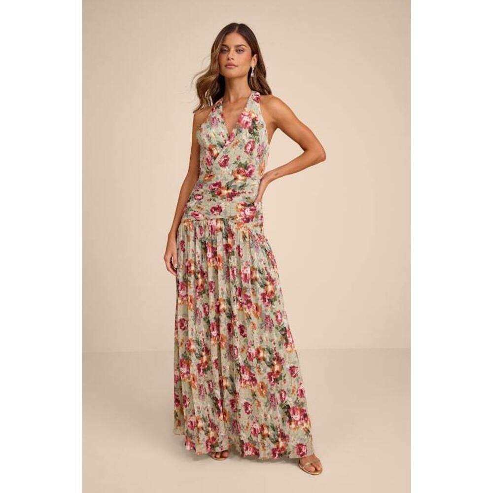 Lulus Sylvanna Sage Floral Halter Drop Waist Maxi Dress Green - Size M